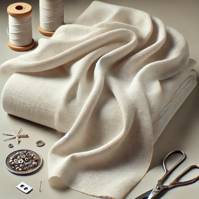 Imagen de tejido de algodón muselina mostrando su ligereza y transpirabilidad, con algunos tipos de tela de algodón muselina y herramientas de costura cercanas.
