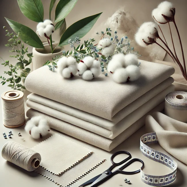 Imagen de tejido de algodón orgánico mostrando su suavidad y naturalidad, con pocos tipos de tela de algodón orgánico y herramientas de costura mínimas cercanas.