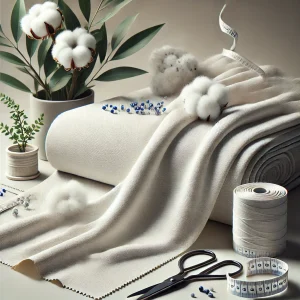 Imagen de tejido de algodón peinado mostrando su suavidad y durabilidad, con pocos tipos de tela de algodón peinado y herramientas de costura mínimas cercanas.