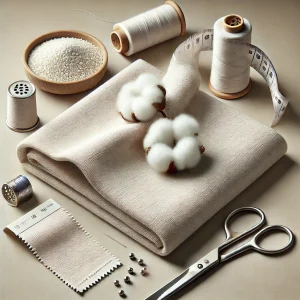 Imagen de tejido de algodón Pima mostrando su suavidad y durabilidad, con tipos de tela de algodón Pima y herramientas de costura mínimas cercanas.
