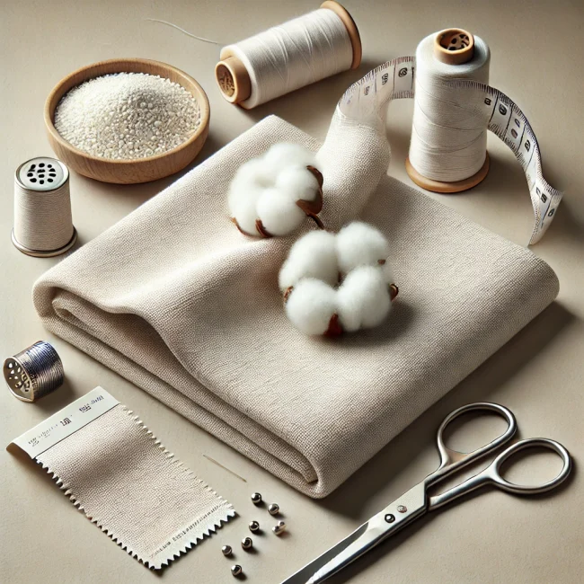 Imagen de tejido de algodón Pima mostrando su suavidad y durabilidad, con tipos de tela de algodón Pima y herramientas de costura mínimas cercanas.