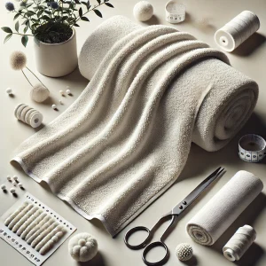 Imagen de tejido de algodón rizado mostrando su suavidad y textura con bucles, con tipos de tela de algodón rizado y herramientas de costura mínimas cercanas.