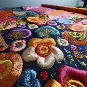 Imagen de una tela decorada con la técnica de apliqué, mostrando piezas de tela cosidas sobre una base con patrones coloridos y detalles intrincados.