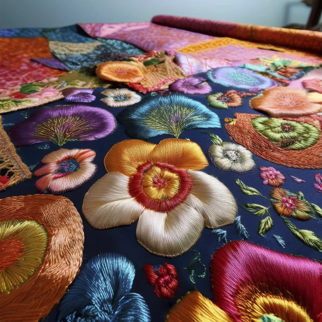 Imagen de una tela decorada con la técnica de apliqué, mostrando piezas de tela cosidas sobre una base con patrones coloridos y detalles intrincados.