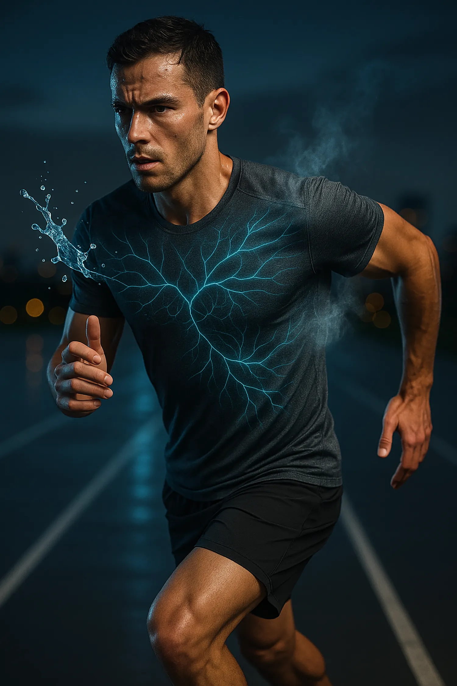 Atleta en pleno esfuerzo vistiendo ropa deportiva de poliéster que muestra visualmente la tecnología de absorción del sudor.