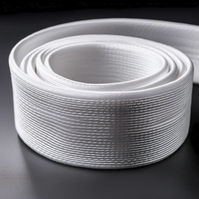 Primer plano de una banda elástica para confección, mostrando su flexibilidad y textura.