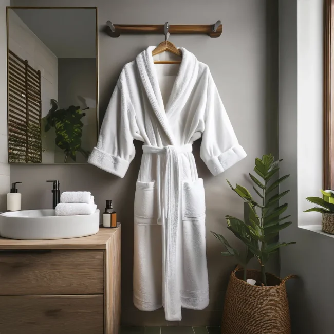 Bata de baño blanca de algodón colgada en un baño moderno, diseñada para ofrecer suavidad y absorción.