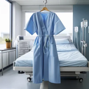 Bata de hospital azul claro, colocada sobre una cama en una habitación de hospital moderna y limpia.
