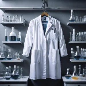 Bata de laboratorio blanca colgada en un laboratorio científico con equipo de investigación visible.