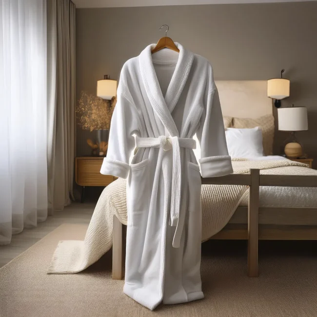 Bata de algodón blanca, colgada sobre una silla en un dormitorio acogedor, ideal para el descanso en casa.