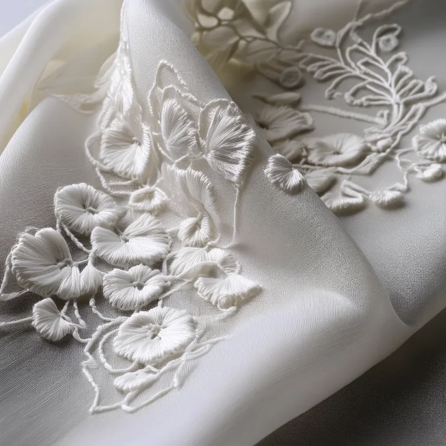 Tela de batista bordada con patrones delicados, ideal para prendas elegantes y ropa de cama.