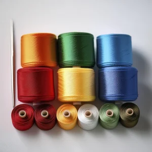 Rollos de bies de algodón de colores sobre un fondo blanco con accesorios de costura.