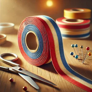 Rollo de cinta al bies de poliéster en colores rojo, azul y amarillo sobre una mesa de madera, con tijeras y alfileres cercanos.