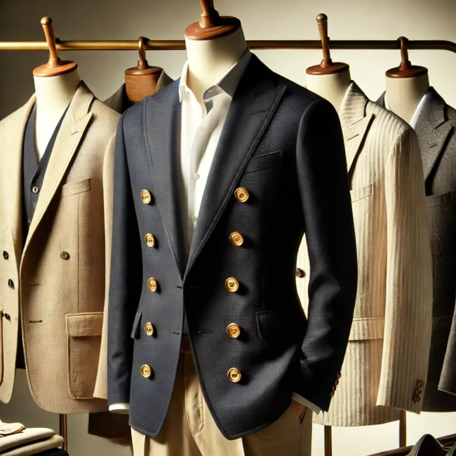 Blazers elegantes en diferentes estilos, incluyendo un blazer azul marino con botones dorados, beige de lino y gris de algodón.