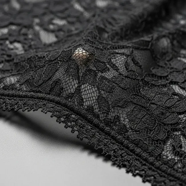 Blonda de nylon negra elástica con diseño floral moderno, mostrando su brillo y flexibilidad. Ideal para lencería y prendas ajustadas.