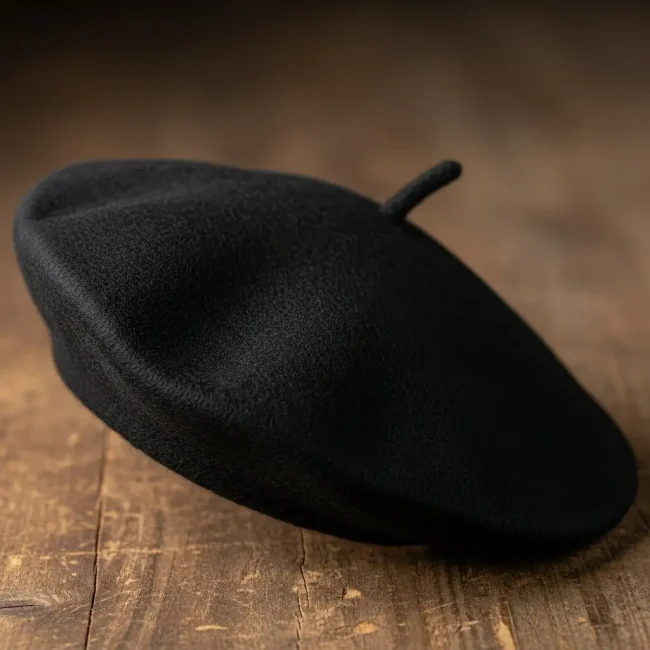 Boina de lana negra clásica, estilo vasco o francés, mostrando su textura afieltrada y rabillo sobre fondo de madera. Accesorio de moda tradicional.