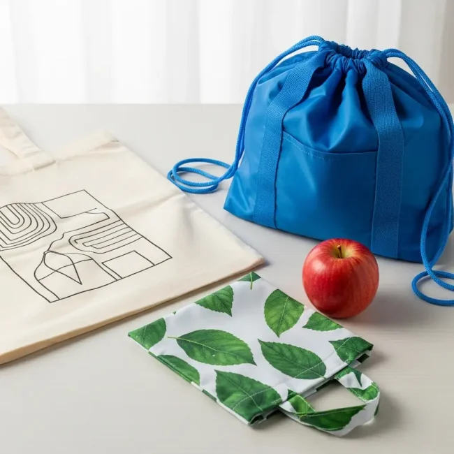 Variedad de bolsas de tela reutilizables: tote bag de algodón, gymsac de nylon y bolsa de compra RPET. Alternativas sostenibles y personalizables.