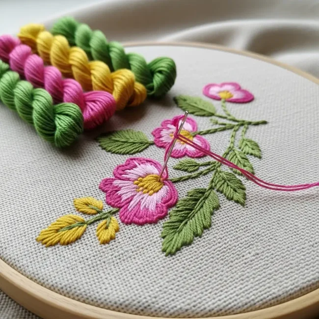 Bordado a mano de flores sobre tela de lino en un bastidor, con aguja e hilos de colores. Técnica de decoración textil artesanal.