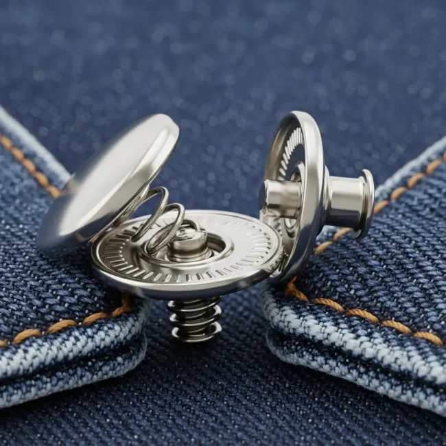 Botón a presión metálico (níquel) sobre tela de denim azul, mostrando sus componentes macho y hembra. Cierre práctico para ropa y accesorios.