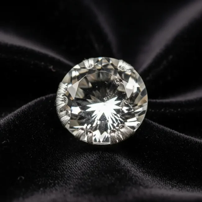 Botón de cristal de roca facetado y transparente, cosido sobre terciopelo negro. Adorno de lujo de cuarzo para alta costura.