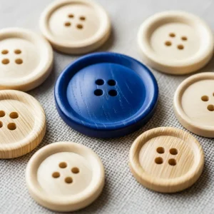 Selección de botones de corozo (tagua) en color natural marfil y teñidos en azul, mostrando su grano único y textura lisa sobre lino. Botones sostenibles.