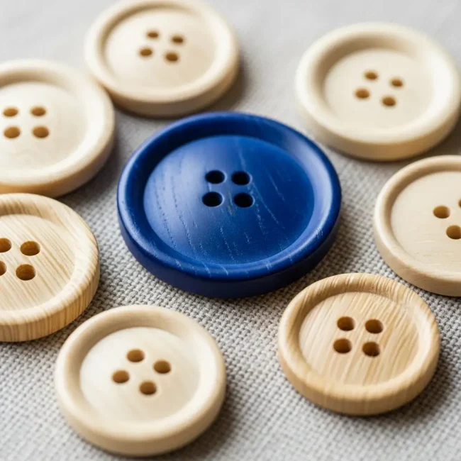 Selección de botones de corozo (tagua) en color natural marfil y teñidos en azul, mostrando su grano único y textura lisa sobre lino. Botones sostenibles.