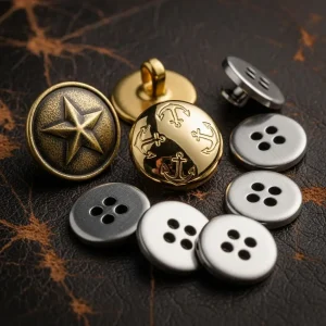 Surtido de botones de metal (latón, dorado, acero) sobre cuero, mostrando tipos como botón de jean, de vástago y de coser. Fornituras duraderas para ropa.