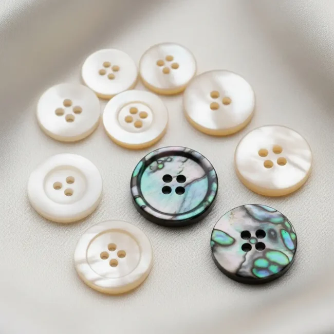Colección de botones de nácar (madreperla) de diferentes tipos (Akoya, Trochus, Tahití) sobre tela de seda, mostrando su brillo iridiscente. Botones de lujo.