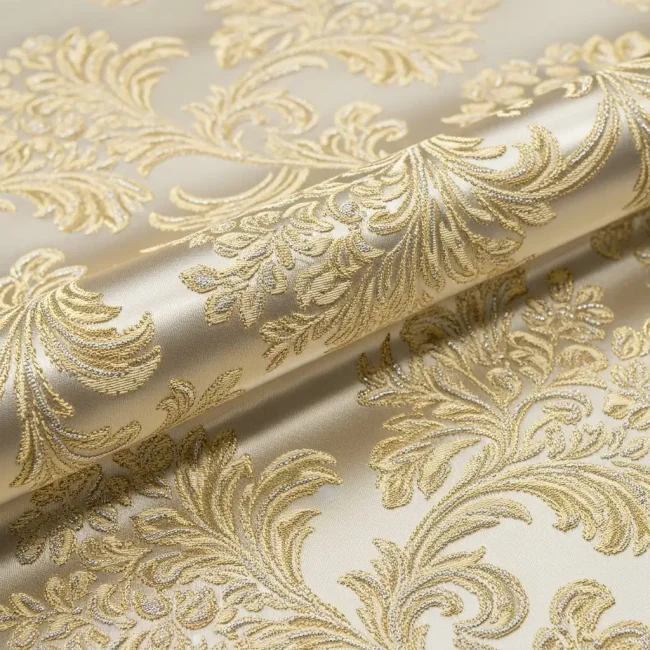 Detalle de tejido brocado de seda marfil con intrincados diseños florales en relieve de hilos de oro y plata. Tela de alta costura y lujo extremo.