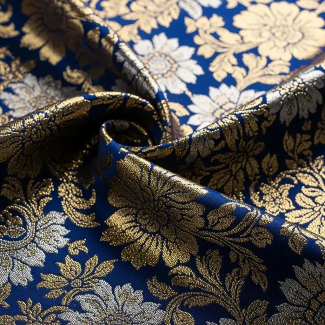 Detalle de tejido brocado de seda azul zafiro con diseños florales en relieve de hilos de oro y plata. Tela lujosa y ornamental.