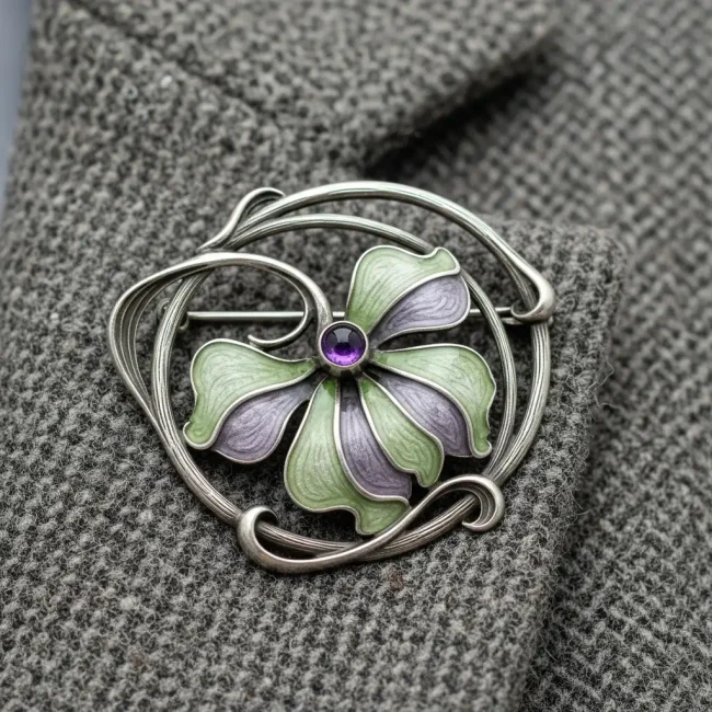 Broche vintage Art Nouveau de plata con diseño floral de esmalte plique-à-jour y amatista, prendido en una chaqueta de tweed. Joyería decorativa y funcional.