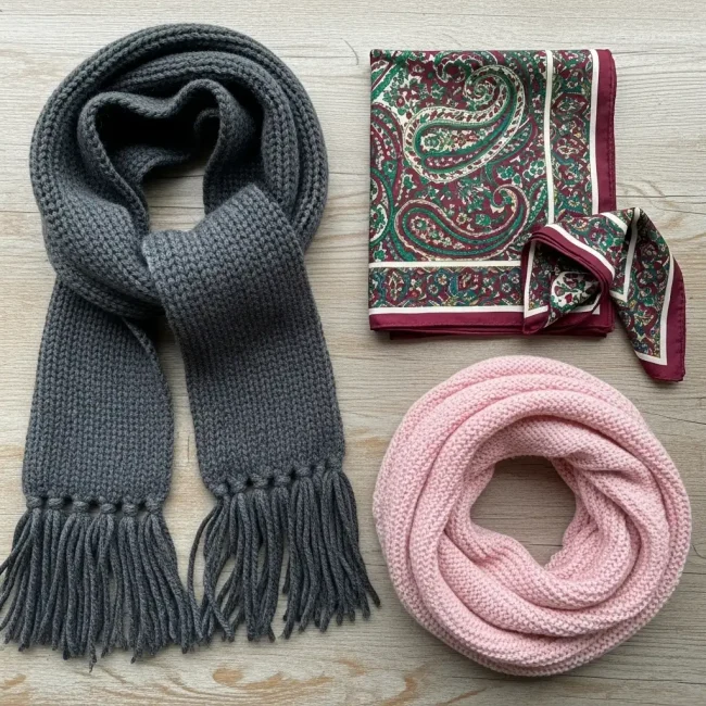 Selección de bufandas: una de lana gris tejida, una de seda estampada y una infinita de algodón rosa. Accesorios de moda para abrigo y estilo.