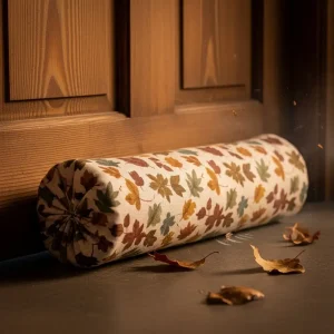 Burlete de tela con estampado de hojas otoñales, colocado en la base de una puerta de madera para bloquear corrientes de aire. Aislamiento textil para el hogar.