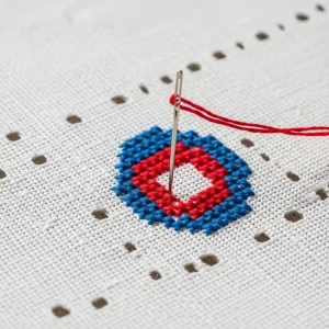 Cañamazo Aida blanco con bordado de punto de cruz en proceso, mostrando su cuadrícula y aguja. Tela base para bordar.