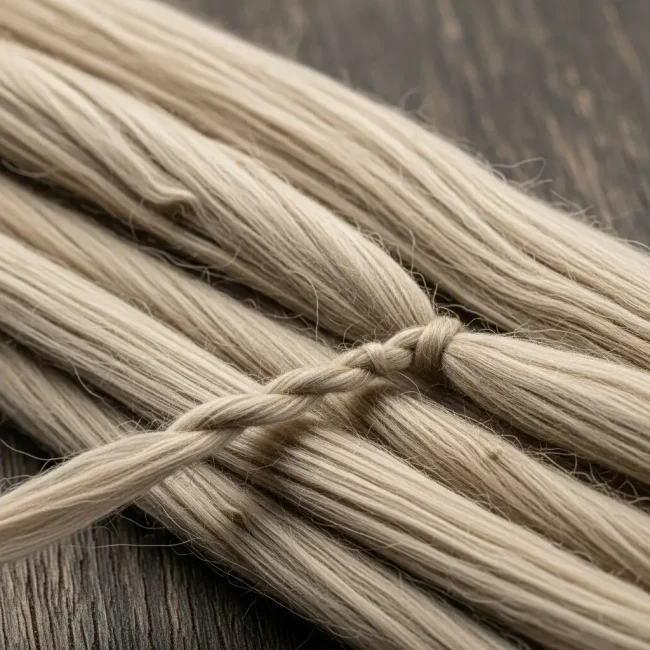 Manojo de fibras de cañamón crudo color beige, mostrando su textura natural y resistencia. Fibra textil sostenible obtenida del cáñamo.