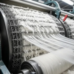 Proceso de cardado de fibras de algodón blanco en una máquina industrial, mostrando cilindros con púas desenredando y alineando las fibras para hilado.