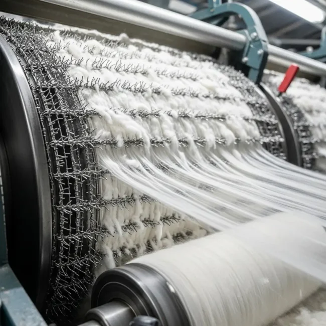 Proceso de cardado de fibras de algodón blanco en una máquina industrial, mostrando cilindros con púas desenredando y alineando las fibras para hilado.