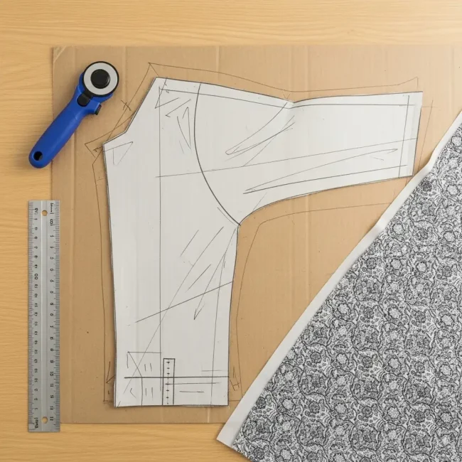 Patrón de costura de una manga cortado en cartón manila, junto a un cúter, regla y tela. Herramienta esencial en patronaje y confección.