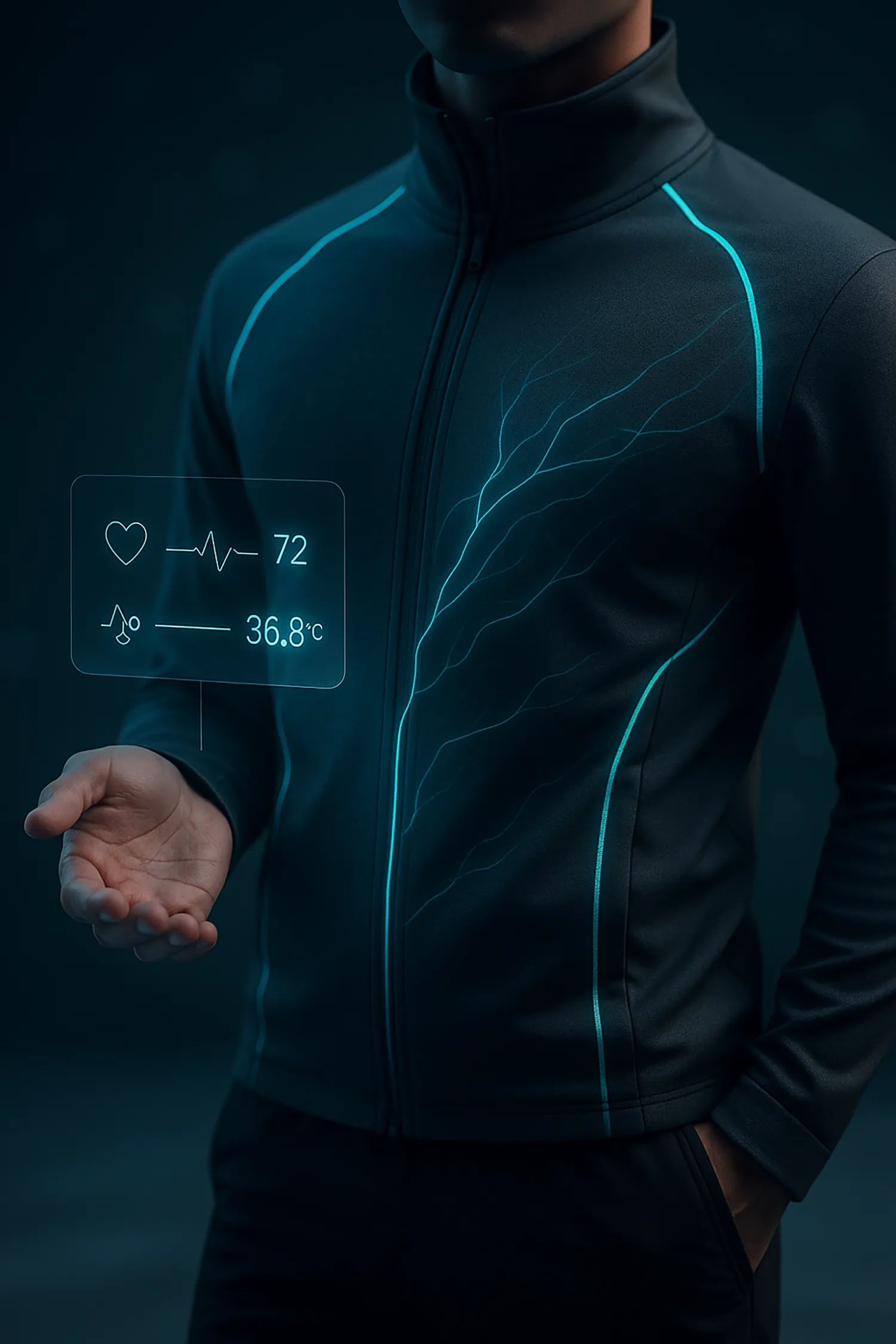 Ilustración de una chaqueta de poliéster inteligente con sensores luminosos y una interfaz holográfica mostrando datos.