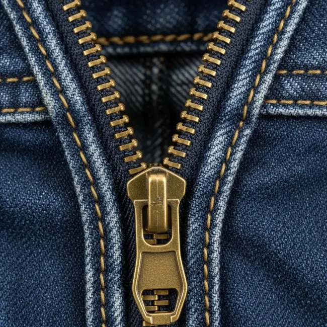 Cierre de cremallera metálica de latón sobre tela denim azul, mostrando dientes entrelazados y cursor. Dispositivo de cierre para ropa.