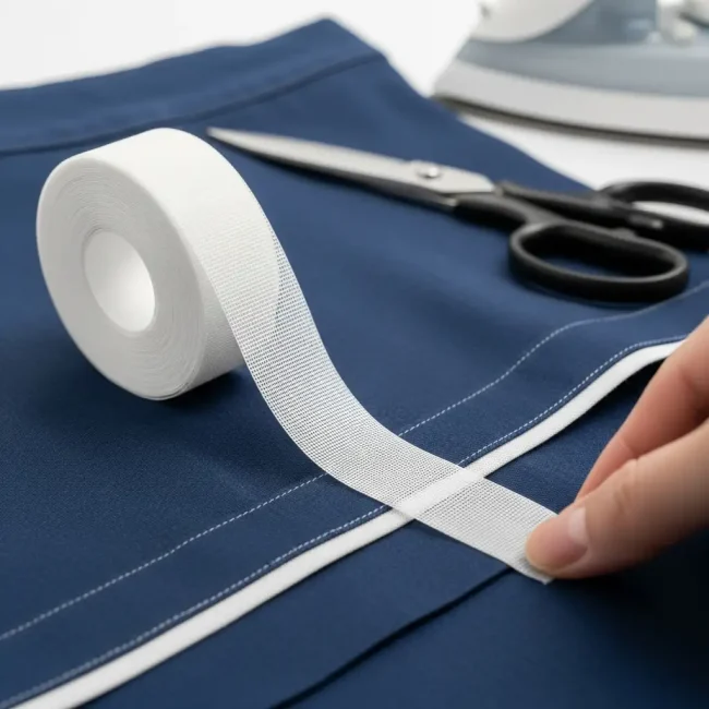 Cinta adhesiva termoadhesiva para telas siendo aplicada en un dobladillo de tela azul. Solución para arreglos sin costura.