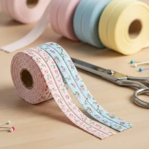 Rollos de cinta al bies de algodón en colores pastel y estampada, mostrando sus bordes doblados. Tira de tela cortada en diagonal para rematar bordes.