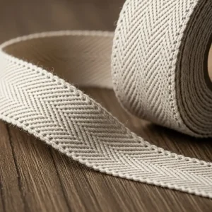 Rollo de cinta de sarga de algodón crudo con patrón de espiga, mostrando su textura diagonal. Cinta resistente para refuerzos y decoración.