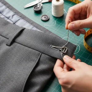 Confección de la cinturilla de un pantalón de lana, cosiendo a mano un gancho de cierre. Banda de tela que ajusta en la cintura.