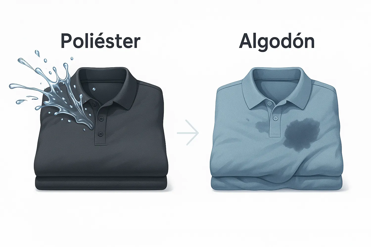 Ilustración comparando una camisa de poliéster (lisa y repele el agua) con una de algodón (arrugada y mojada).
