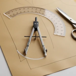 Compás de sastre de metal trazando un arco con tiza sobre papel de patrón. Herramienta de precisión para medir y marcar en confección.