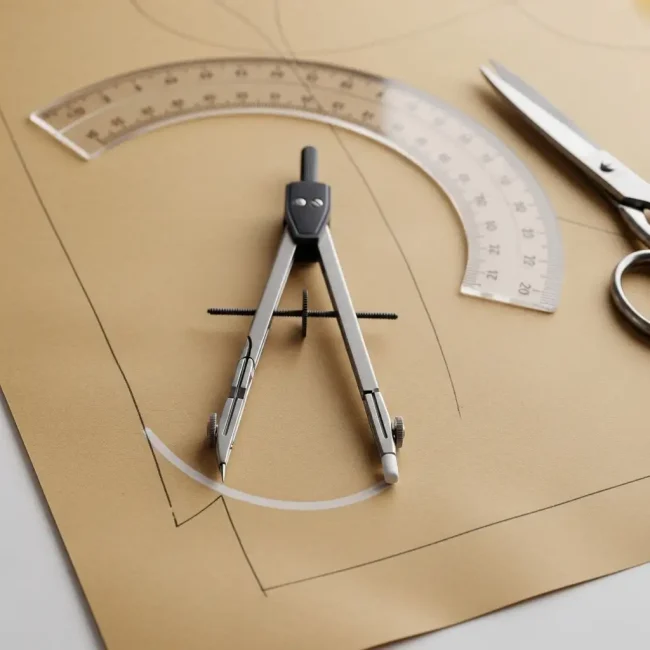 Compás de sastre de metal trazando un arco con tiza sobre papel de patrón. Herramienta de precisión para medir y marcar en confección.