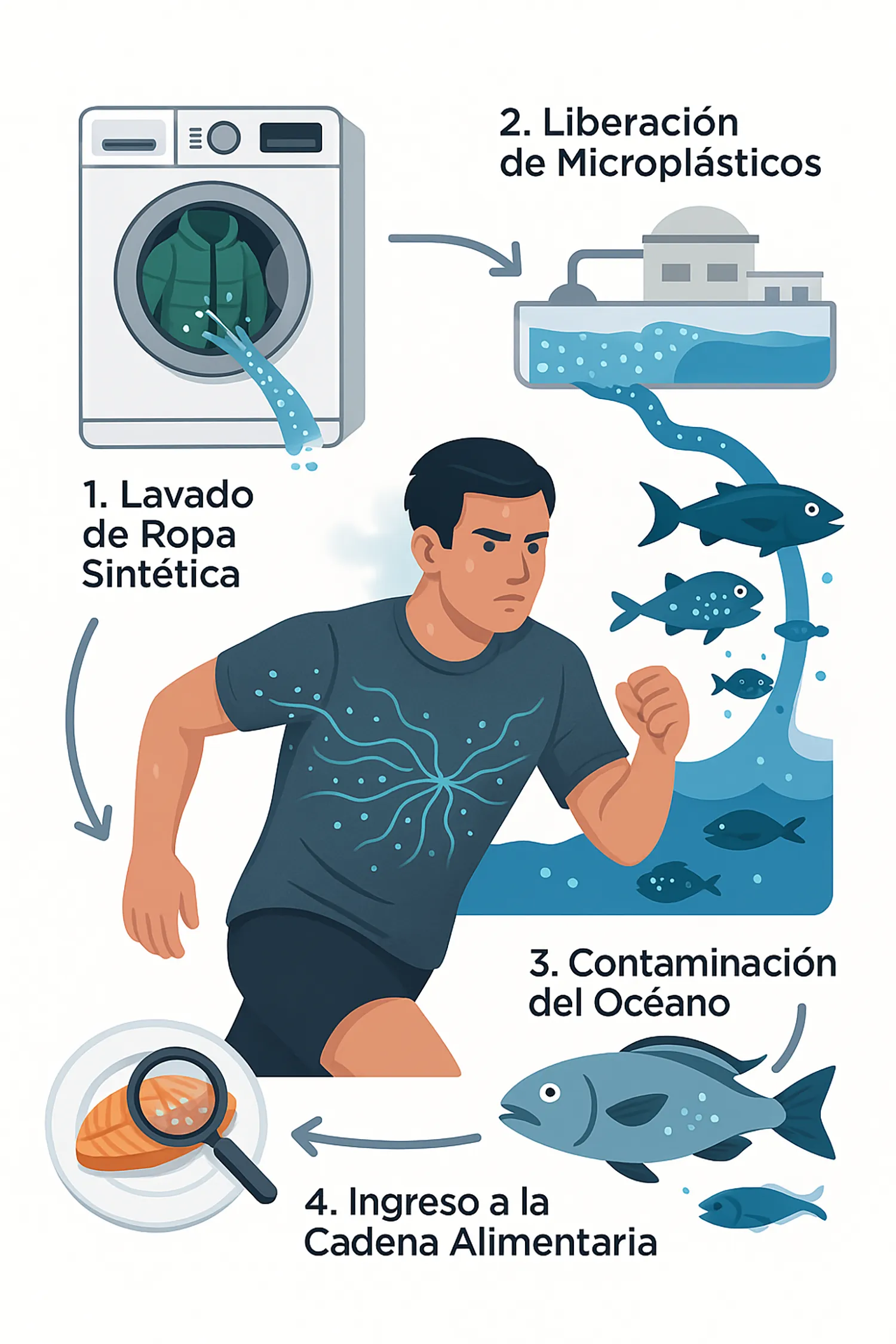 Infografía del ciclo de contaminación por microplásticos del poliéster, desde la lavadora hasta la cadena alimentaria.