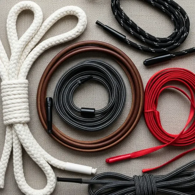 Surtido de cordones de diferentes materiales (algodón, cuero, elástico, satén) sobre tela de lino. Cuerdas finas para atar y decorar prendas.