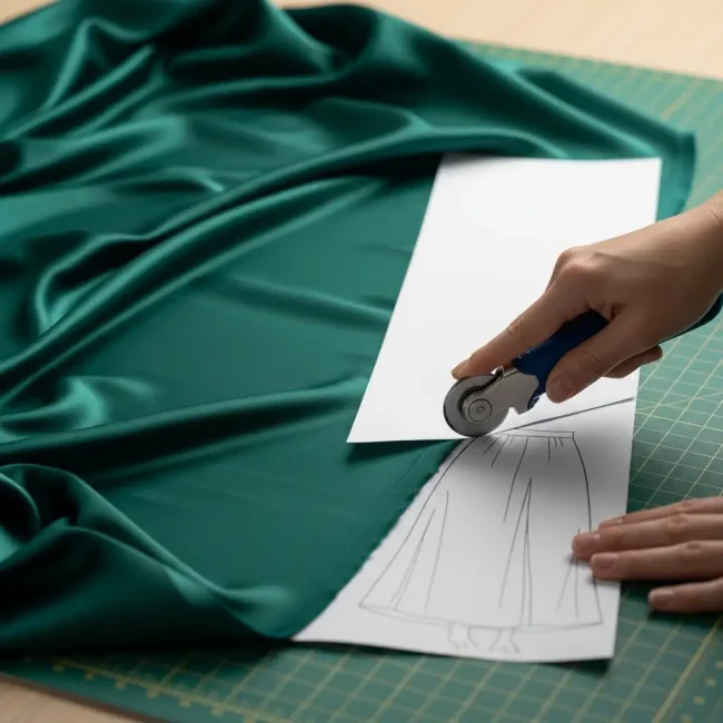 Corte al bies de una tela de seda esmeralda con cúter rotatorio y patrón. Técnica de corte en diagonal para mayor elasticidad y drapeado.